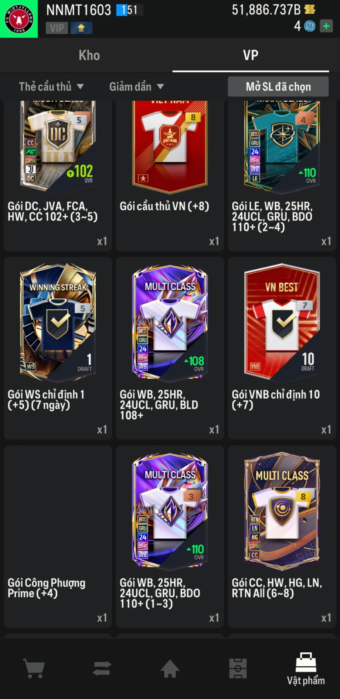 Ảnh ACC mở thẻ (LOẠI SVIP PROMAX) bao gồm có thẻ +12, Thẻ PRIME(QH+, CP+, XS+) và hơn 1500+ đến 1700+ thẻ cầu thủ từ Siêu sao đến Miền núi các loại. Acc có sẵn BP trắng từ 50.000 tỷ BP đến 62.000 tỷ BP